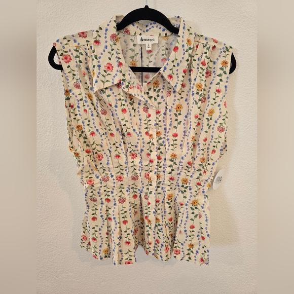 &Merci NWT Floral Button Down Pleated Waist Peplum Top Size Large - Picture 5 of 11